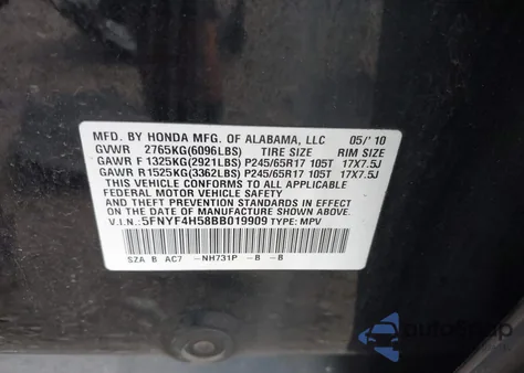 2011 Honda Pilot Ex-L from USA, damaged, VIN 5FNYF4H58BB019909